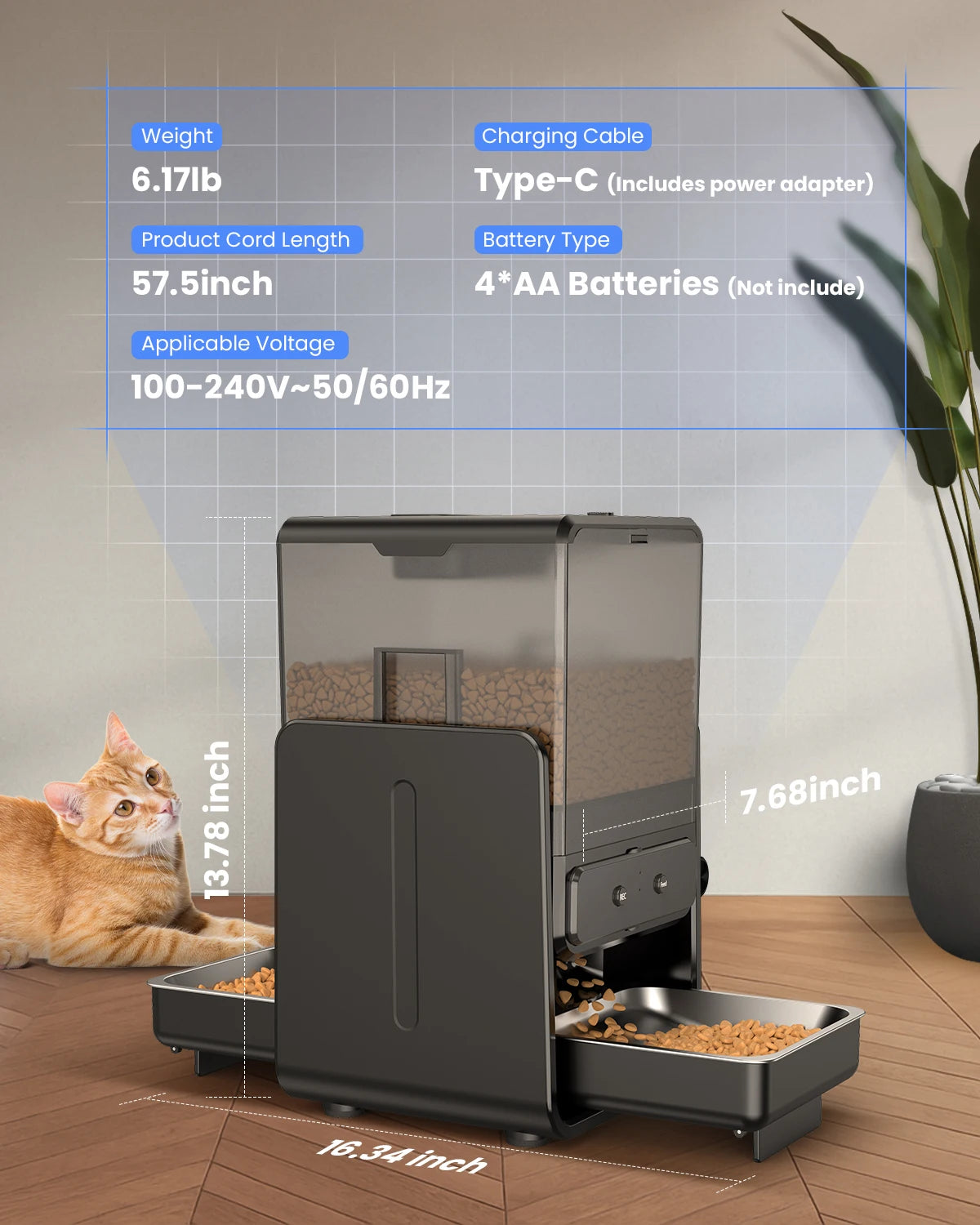 5L Automatic Cat Kibble Dispenser 2 Bowls Smart Voice Recorder Pluggable Control Panel Auto Cat Food Dispenser For Pet Dry Food