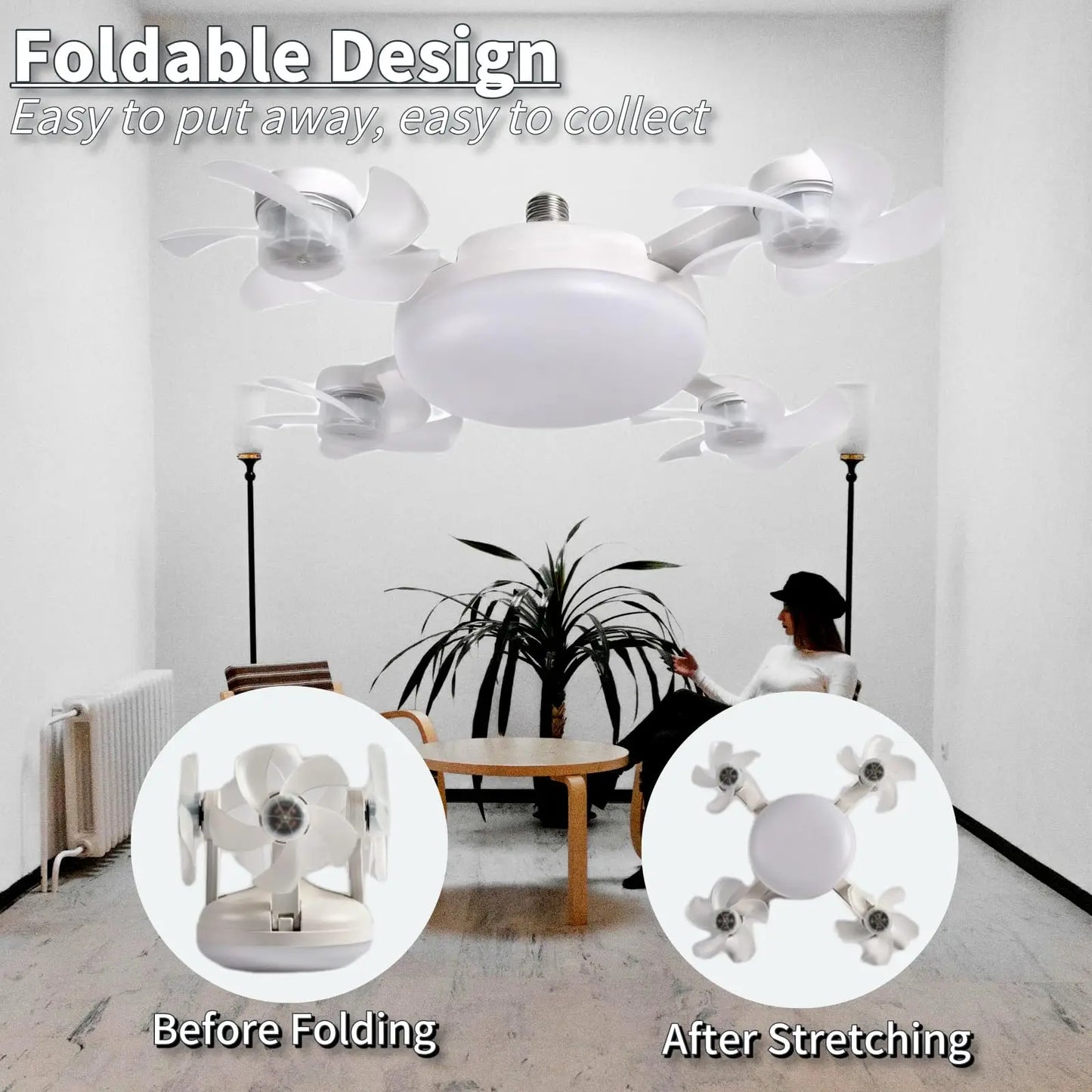 Screw in Ceiling Fan with Remote Control Light Bulb Dimmable 3 Color Temperatures & 3 Wind Speeds for Bedroom, Kitchen (4 Head)