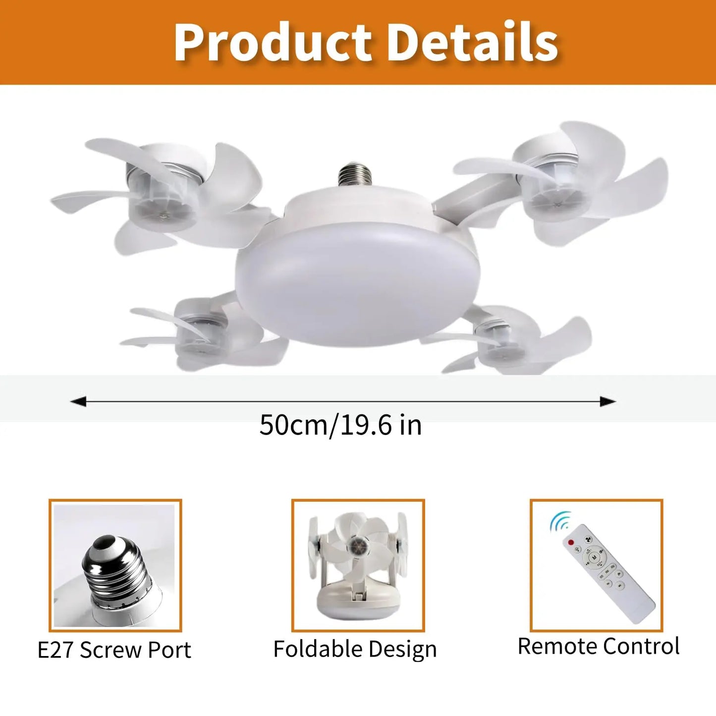 Screw in Ceiling Fan with Remote Control Light Bulb Dimmable 3 Color Temperatures & 3 Wind Speeds for Bedroom, Kitchen (4 Head)