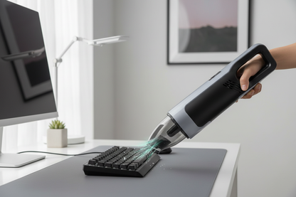 PowerVac handheld vacuum cleaning keyboard on desk lifestyle shot
