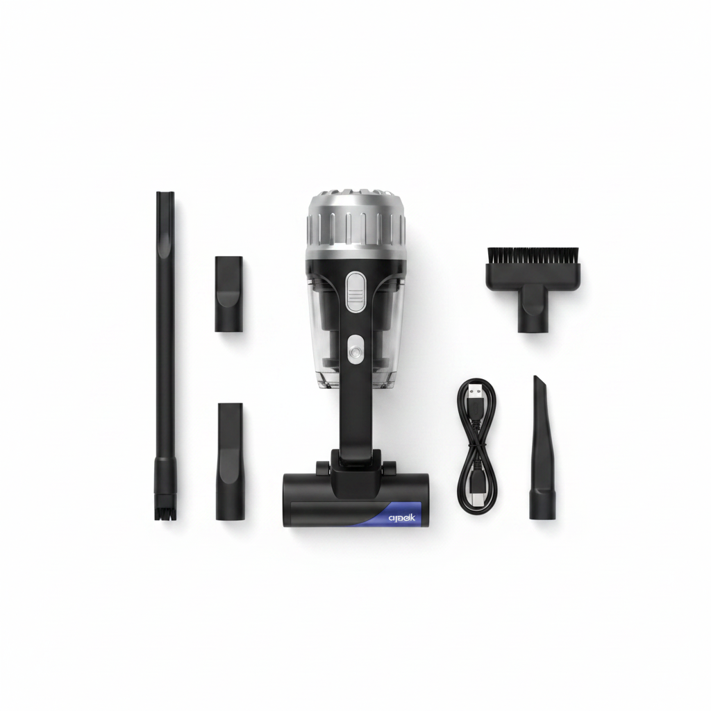 PowerVac cordless vacuum flat lay with attachments and charging cable