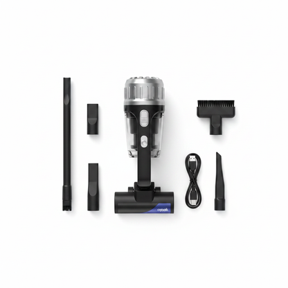 PowerVac cordless vacuum flat lay with attachments and charging cable