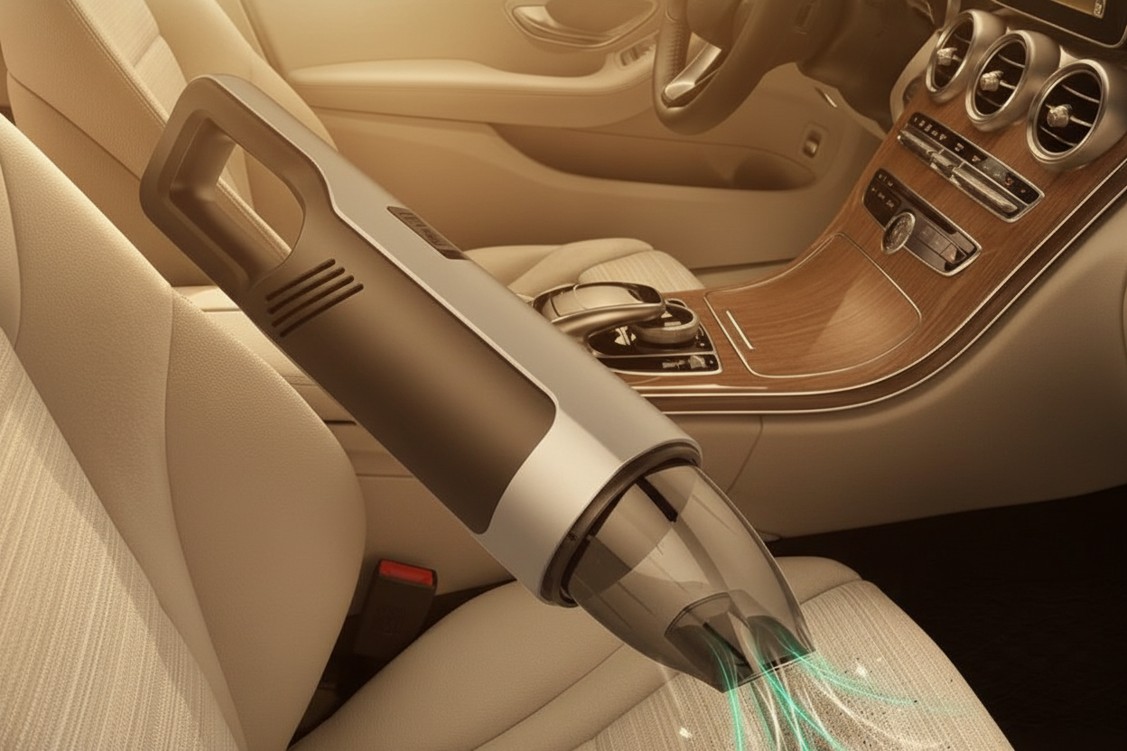 PowerVac handheld vacuum cleaning car interior lifestyle shot